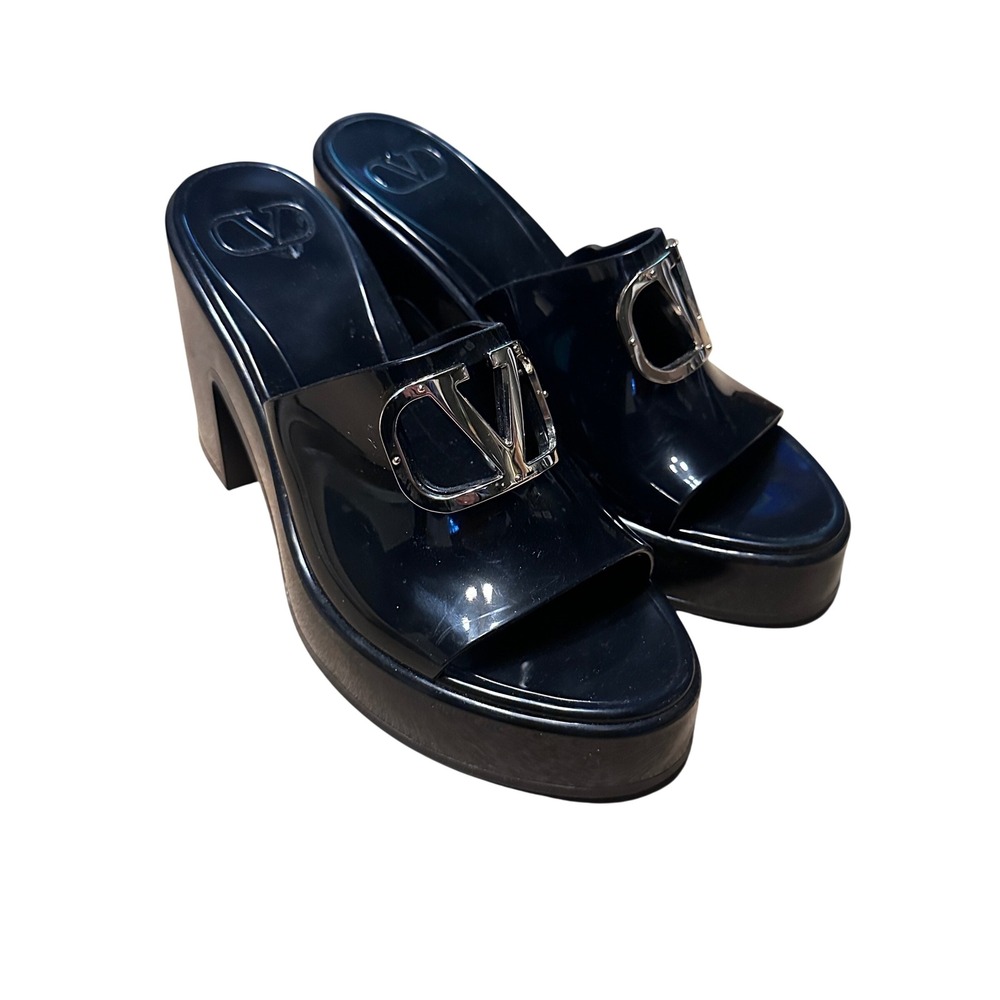 Valentino Garavani Black‎ VLogo Platform Mules Block Heel Sandals Size 39